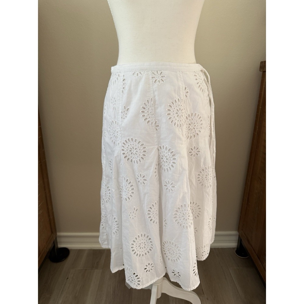 Talbots Petites White Eyelet Wrap Midi Skirt Size 4P Cotton Lined Cottagecore